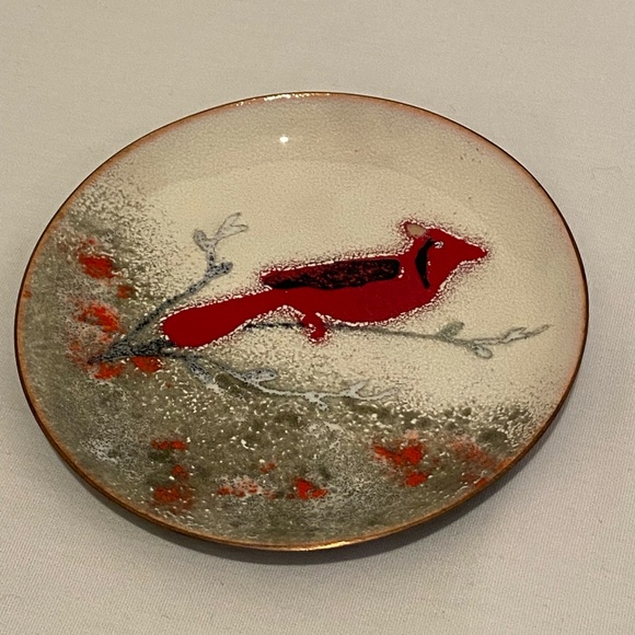 Pair of Bovano handcrafted enamel on copper cardinal trinket dishes, coasters - Picture 3 of 5